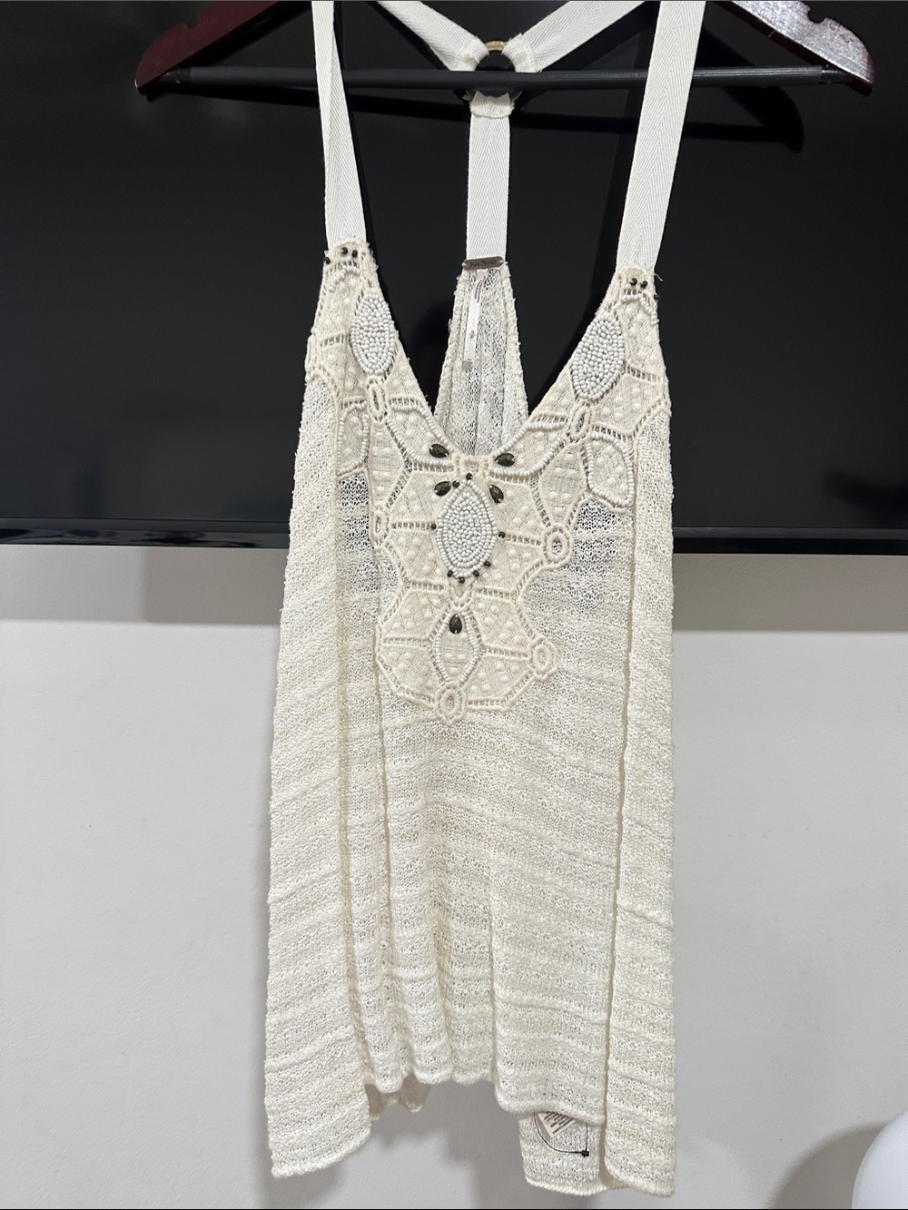 Free People Cream Crochet Tank with Beaded Details